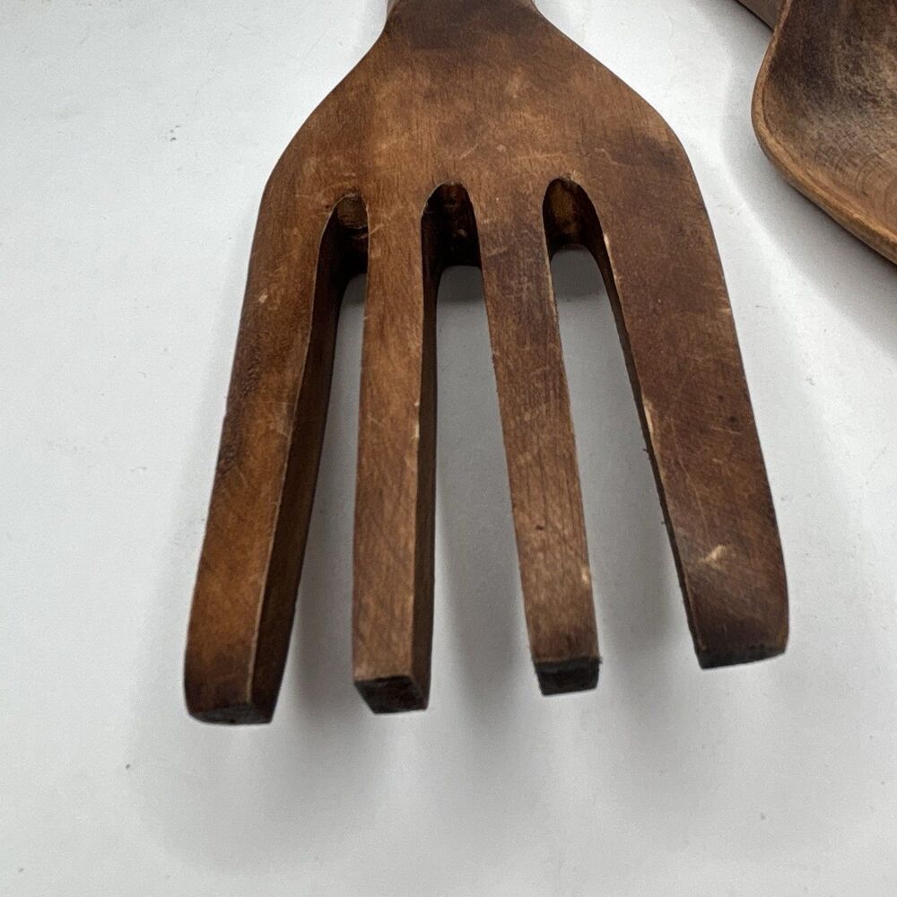 Vintage Made in Philippines 12” Carved Wood Salad Serving Spoon Fork Set MCM - Picture 10 of 16